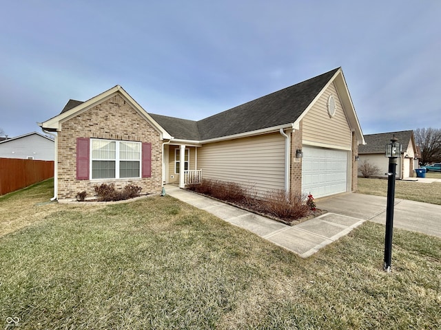 ranch-style house featuring a garage and a front yard