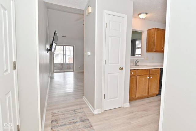 hall featuring a textured ceiling, light hardwood / wood-style flooring, and sink