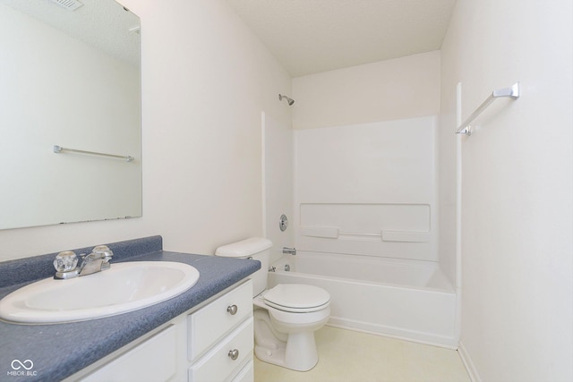 full bathroom featuring tub / shower combination, a textured ceiling, toilet, and vanity