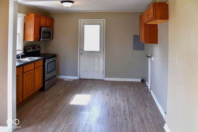 kitchen featuring light wood-type flooring, appliances with stainless steel finishes, sink, and electric panel