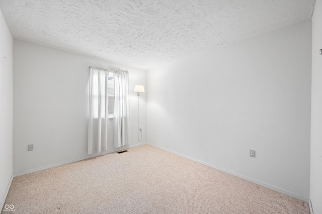 spare room featuring a textured ceiling and light colored carpet