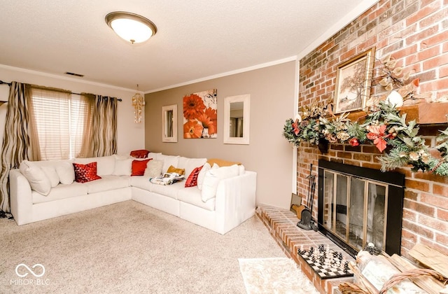 carpeted living room featuring a brick fireplace, crown molding, and a textured ceiling