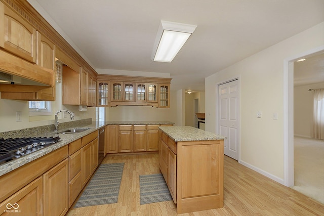 kitchen featuring a kitchen island, stainless steel appliances, sink, light stone counters, and light hardwood / wood-style flooring