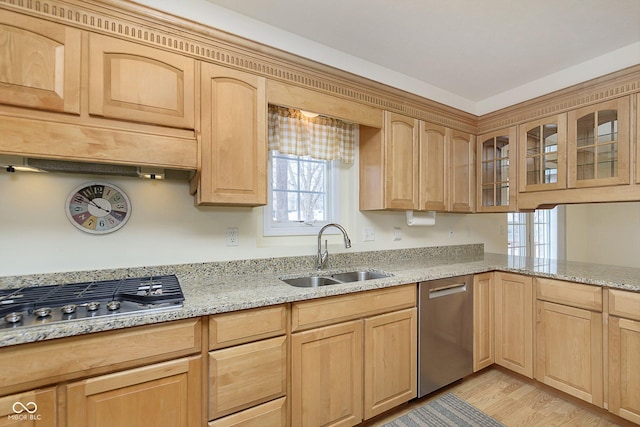 kitchen featuring light wood-type flooring, stainless steel appliances, light brown cabinets, and sink