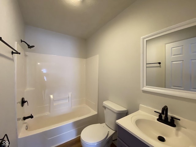 full bathroom with toilet, vanity, shower / bathtub combination, and wood-type flooring