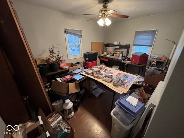 home office featuring ceiling fan and hardwood / wood-style floors