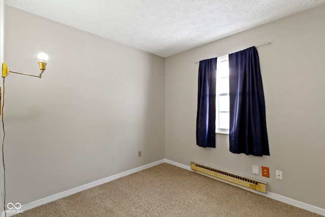 unfurnished room featuring a textured ceiling, a baseboard radiator, and carpet flooring