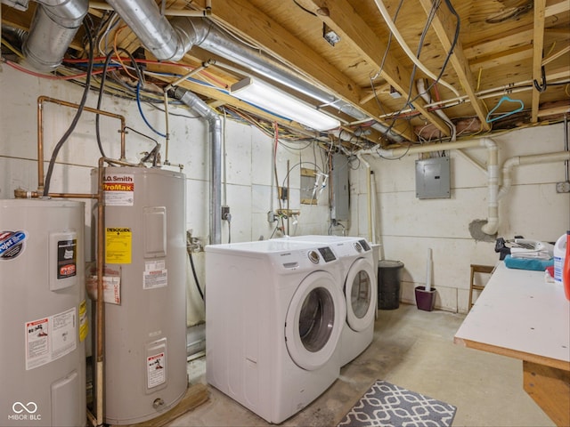 laundry room featuring electric panel, water heater, and washing machine and clothes dryer