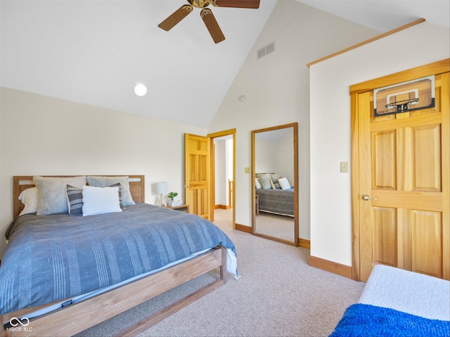 bedroom featuring carpet, high vaulted ceiling, and ceiling fan