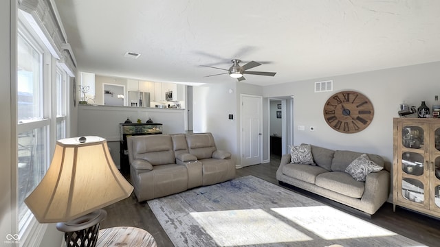 living room with hardwood / wood-style flooring and ceiling fan