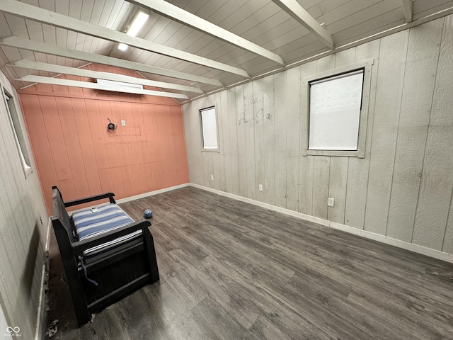 unfurnished room featuring wood ceiling, dark hardwood / wood-style flooring, beamed ceiling, and wooden walls