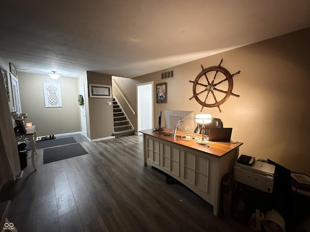 home office featuring dark hardwood / wood-style flooring