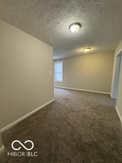 unfurnished room featuring a textured ceiling and carpet flooring