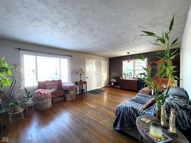 living area with a textured ceiling and hardwood / wood-style floors