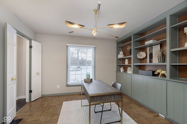 office space with dark parquet flooring