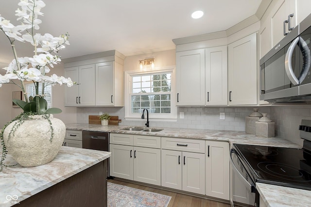 kitchen featuring white cabinetry, sink, range with electric stovetop, and black dishwasher