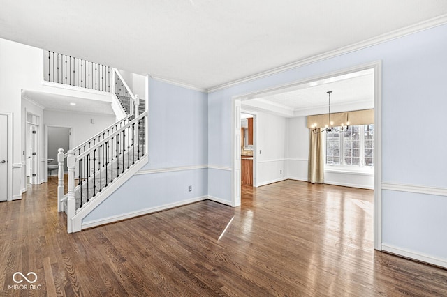 interior space featuring an inviting chandelier, crown molding, and dark wood-type flooring