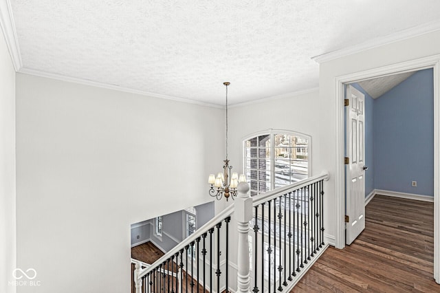 corridor with crown molding, a textured ceiling, dark hardwood / wood-style floors, and a chandelier