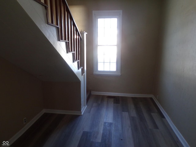 stairway with hardwood / wood-style floors