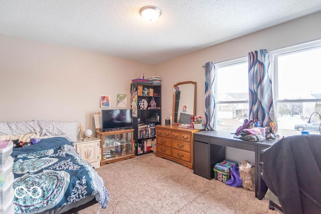 bedroom with a textured ceiling and carpet flooring