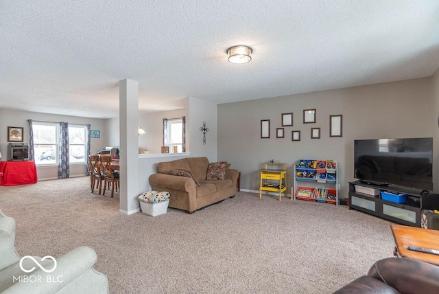 living room featuring a textured ceiling and carpet flooring