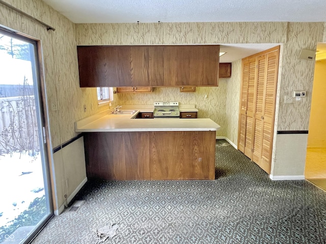 kitchen featuring sink, stainless steel range with electric stovetop, a textured ceiling, and kitchen peninsula