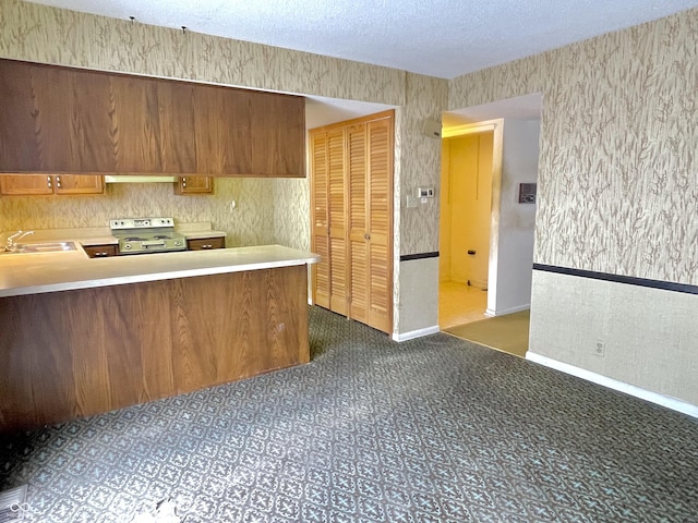 kitchen with electric stove, kitchen peninsula, sink, and a textured ceiling