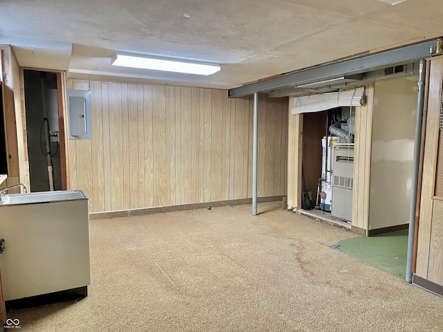 basement featuring electric panel and wood walls