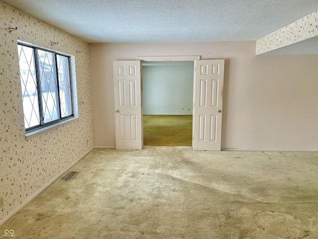 empty room with carpet floors and a textured ceiling