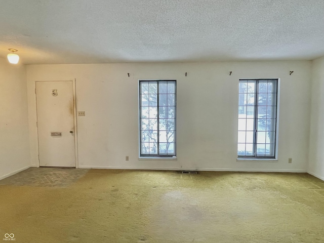 carpeted empty room with plenty of natural light and a textured ceiling