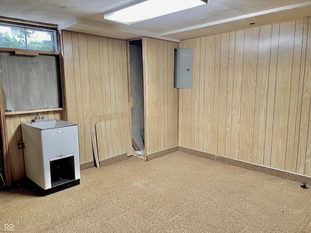 basement with electric panel, sink, and wood walls