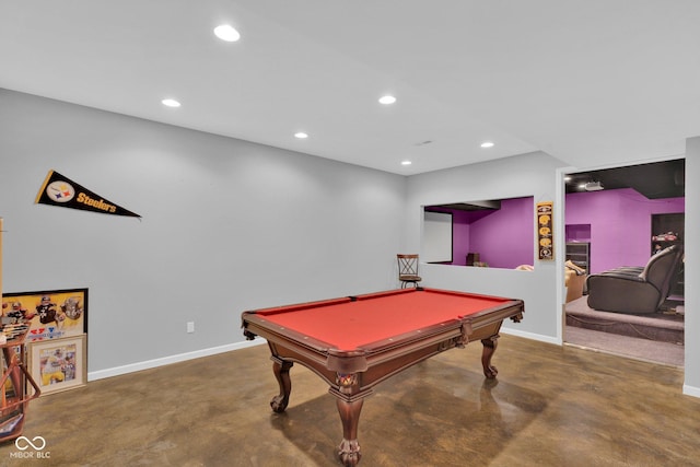 recreation room with billiards and concrete floors