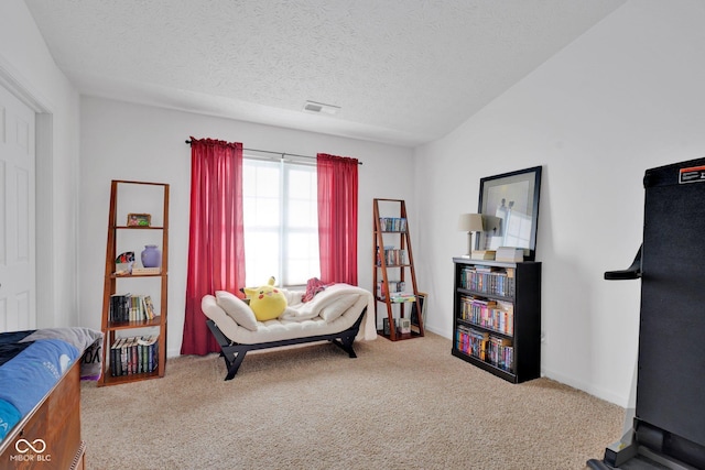 living area featuring carpet and a textured ceiling