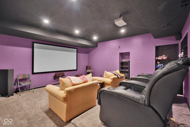 home theater featuring light carpet