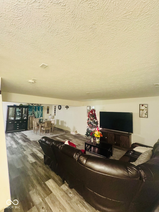 living room with hardwood / wood-style floors and a textured ceiling