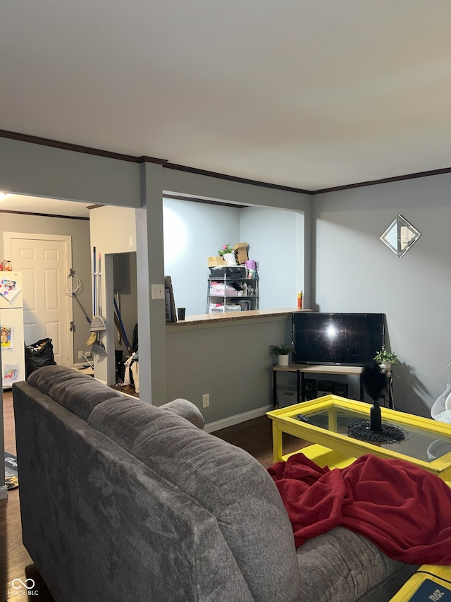 living room featuring hardwood / wood-style flooring and ornamental molding