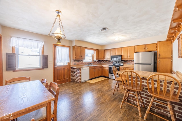 kitchen with sink, a wealth of natural light, dark hardwood / wood-style floors, and stainless steel appliances