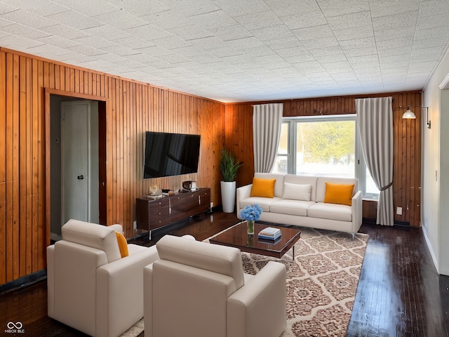 living room with dark hardwood / wood-style floors, ornamental molding, and wooden walls