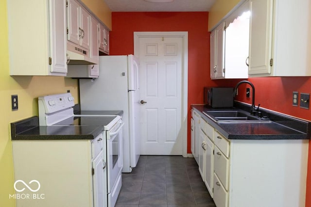 kitchen featuring white electric stove, sink, white cabinets, and dark tile patterned flooring