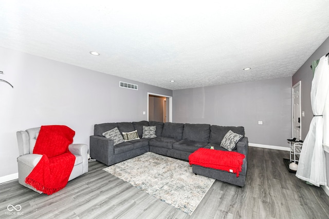 living room with hardwood / wood-style floors and a textured ceiling