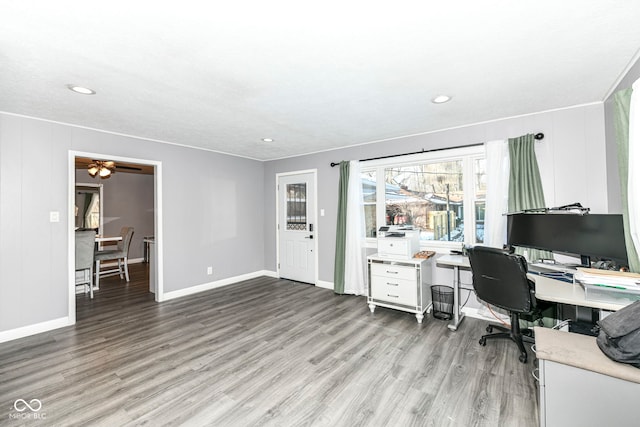 home office with hardwood / wood-style floors