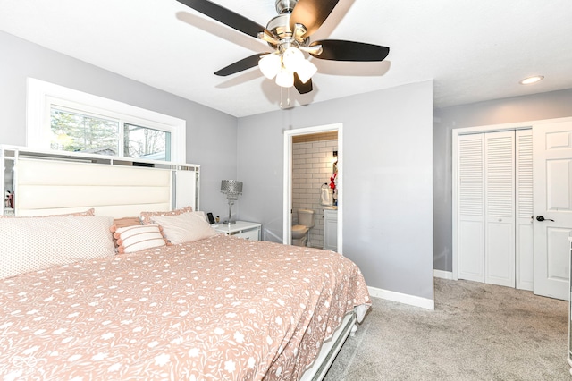 carpeted bedroom with ceiling fan, connected bathroom, and a closet