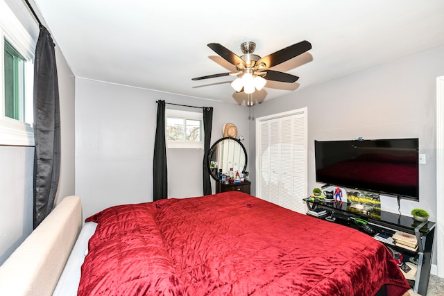 bedroom featuring ceiling fan and a closet