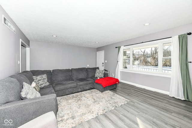 living room with hardwood / wood-style floors and a textured ceiling