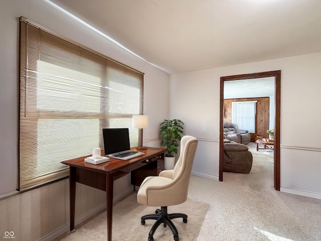 office space with plenty of natural light and light carpet