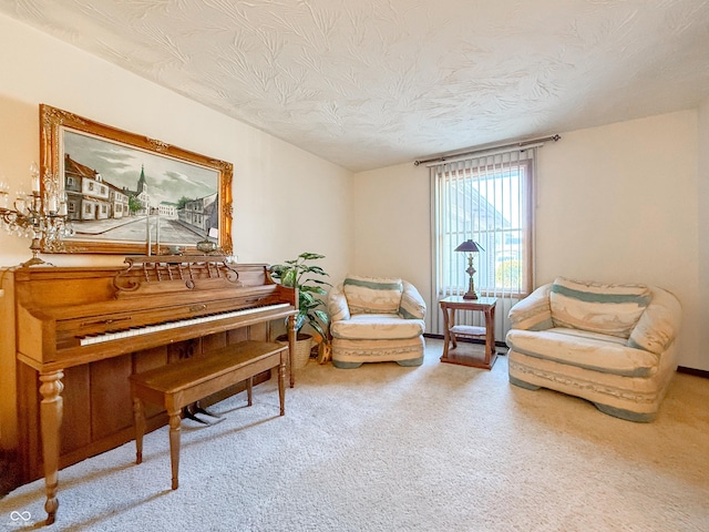 living area featuring carpet flooring and a textured ceiling