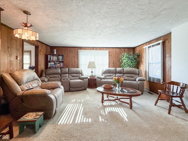 living room featuring wood walls, a textured ceiling, and carpet floors