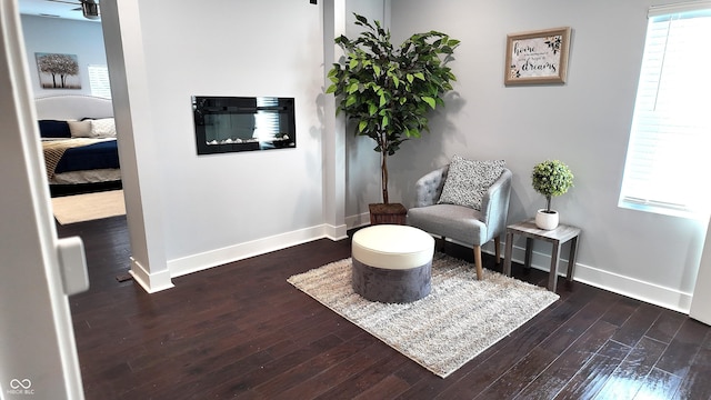 sitting room with dark wood-type flooring