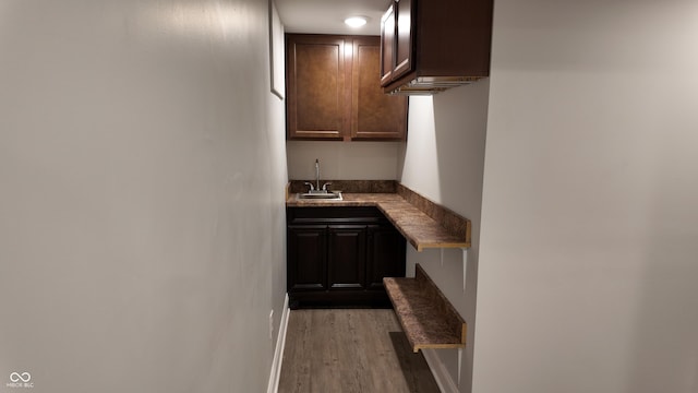 kitchen with light wood-type flooring, sink, and dark brown cabinetry