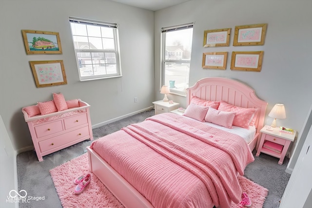 bedroom with dark carpet